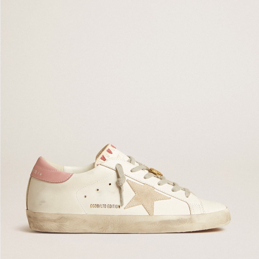 Golden Goose SUPER STAR Rare ❤️White Sneakers with Pink Accents and Beige Star - Picture 2 of 15